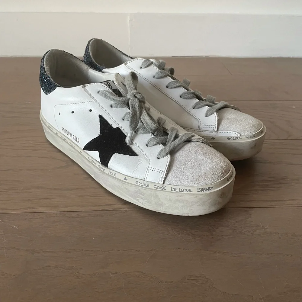 Golden Goose Hi Star Leather Sneakers White Black Star Blue Glitter
